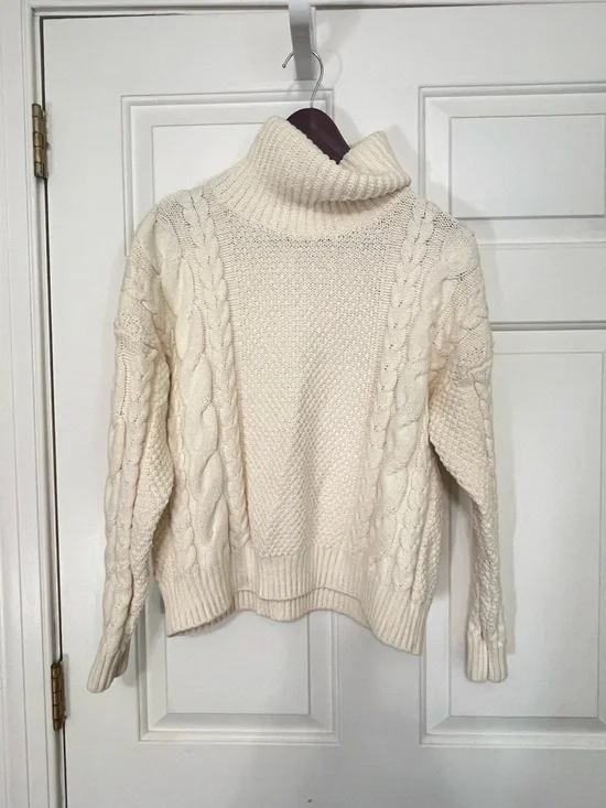 Madewell Cable Turtleneck Fisherman Sweater Cream Funnel Pullover Cozy - Small - Picture 2 of 8